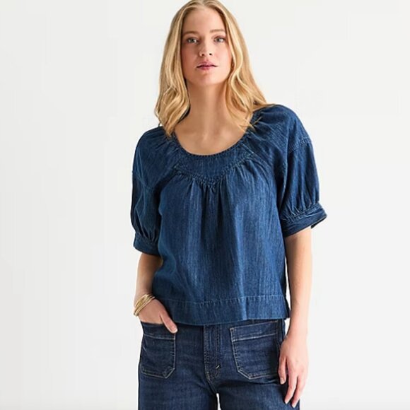 a.n.a Denim Womens U Neck Short Sleeve Blouse, Dark Wash Sz PM - Picture 3 of 8